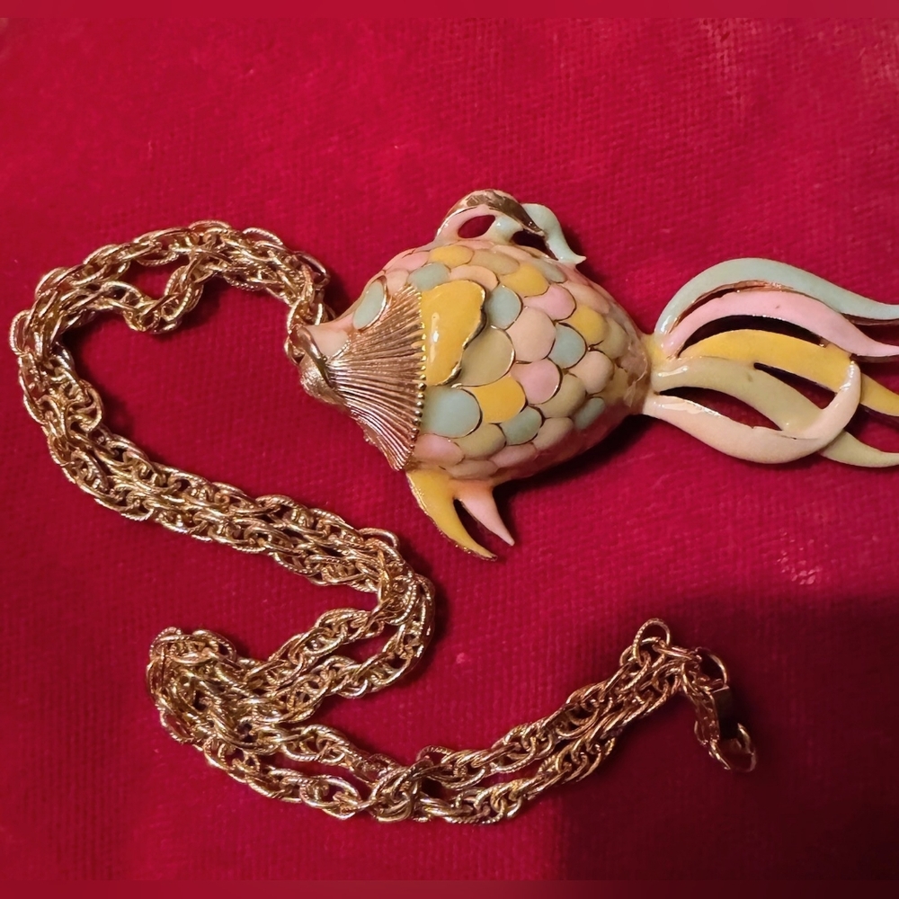 Vintage Enameled Koi Rainbow Fish Pendant Long Statement Necklace 🌈 🐠